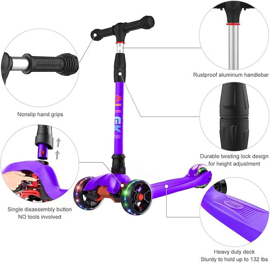 Allek Kick Scooter B02, Lean 'N Glide Scooter with Extra Wide PU Light-Up Wheels and 4 Adjustable Heights for Children from 3-12yrs (Purple)