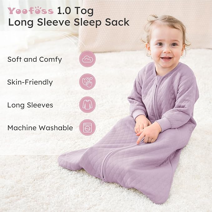 Yoofoss Baby Sleep Sack 0-6 Months 1.0 Tog Long Sleeve Sleep Sack Organic Cotton Wearable Blanket for Newborns 2-Way Zipper Quilted Sleeping Sacks(Small)