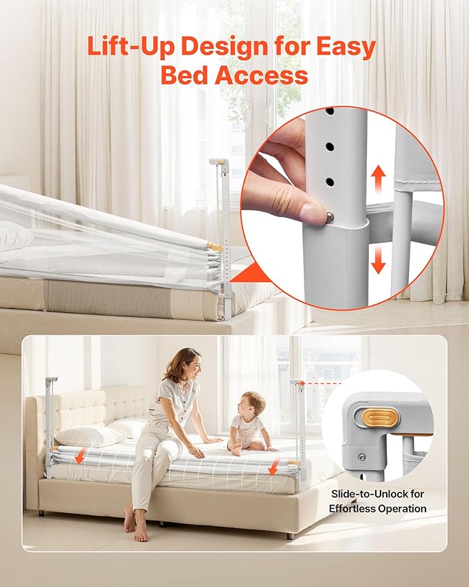 VEVOR Toddler Bed Rail, Kids Beds Guard Rail with Reinforced Iron Pipe and Oxford Cloth, Adjustable Height Bed Side Railing, Portable Guard Bumper Barrier for Crib, Bunk, 78.74 x 35.04 in, 1 Piece