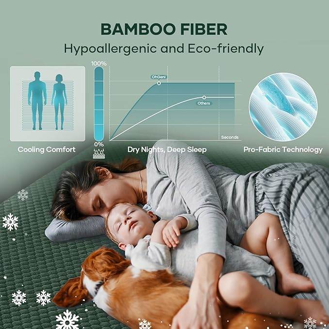 OhGeni 100% Waterproof Mattress Protector,Queen Size Mattress Soft Pad,Hair & Bedwetting Resistant,Cooling Breathable Fitted Sheets,Washable Bed Cover,Non-Slip Deep Pocket,Noiseless for Bedroom,Green