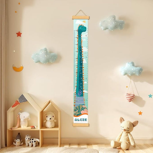 Woodemon Personalized Name Growth Chart for Kids, Cute Dinosaur Baby Height Chart, Canvas Height Measuring Rulers for Boys Girls, Nursery Decor Baby Boy Girl Growth Ruler Measuring Board