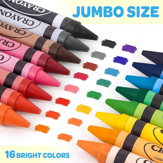 16 Colors Jumbo Crayons for Toddlers 1-3, Washable Easy to Hold Large Crayons for Kids Ages 2-4 4-8, Non-Toxic Crayon for School Art Supplies, Classroom Must Haves,Birthday Easter Gifts for Boys Girls