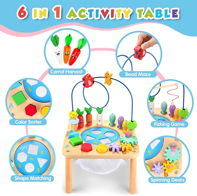wingyz Activity Table, 6 in 1 Wooden Montessori Activity Center with Bead Maze Shape Sorter Fishing Game, Kids Sensory Play Table Toddler Toys 1st Birthday Gifts Boy Girl