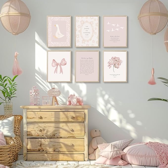 Nursery Christian Wall Art Bible Verse Prints Pink Girl Nursery Room Canvas Wall Decor Coquette Bow Poster Jesus Boho Scripture Pictures Vintage Floral Artwork for Bedroom 8x10x6 Inch Framed