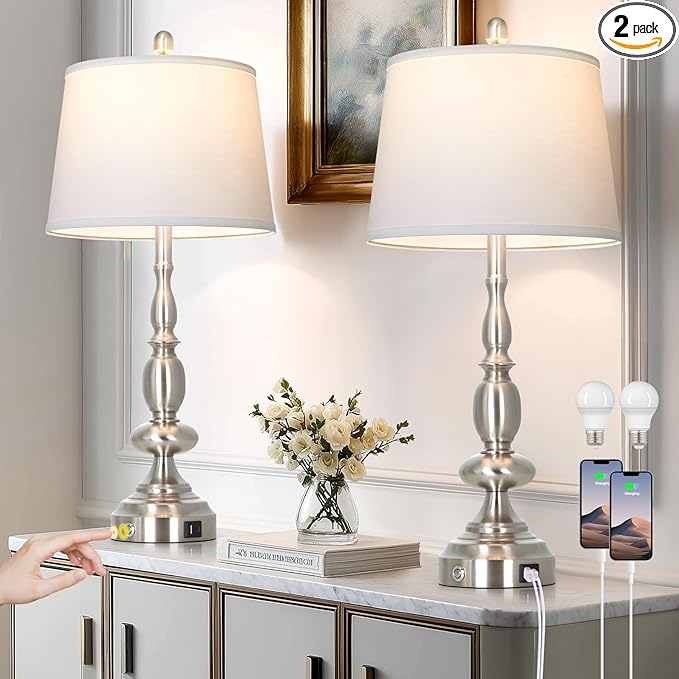 29" Tall Modern Table Lamps Set of 2, 3-Way Dimmable Touch Living Room Lamp with USB A+C Charging Port, Brushed Nickel Metal Farmhouse Bedside lamp for Bedroom Nightstand Side Table Desk Office Silver