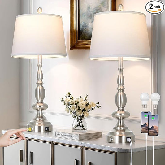 29" Tall Modern Table Lamps Set of 2, 3-Way Dimmable Touch Living Room Lamp with USB A+C Charging Port, Brushed Nickel Metal Farmhouse Bedside lamp for Bedroom Nightstand Side Table Desk Office Silver