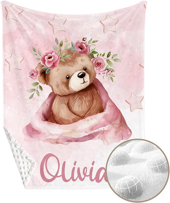 Personalized Baby Crib Bedding Set, Custom Name Pink Bear Theme Baby Bedding 2-Pcs Set - Soft Double Layer Dotted Blanket and Fitted Sheet, Nursery Bedding for Newborn Boys Girls, Perfect Shower Gift