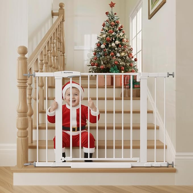 Baby Gate for Stairs, 26-40" Auto Close Dog Gate for Doorways, Pressure Mounted Child Gate with Walk Thru Door, Easy Install Safety Gate for Children and Pets, White