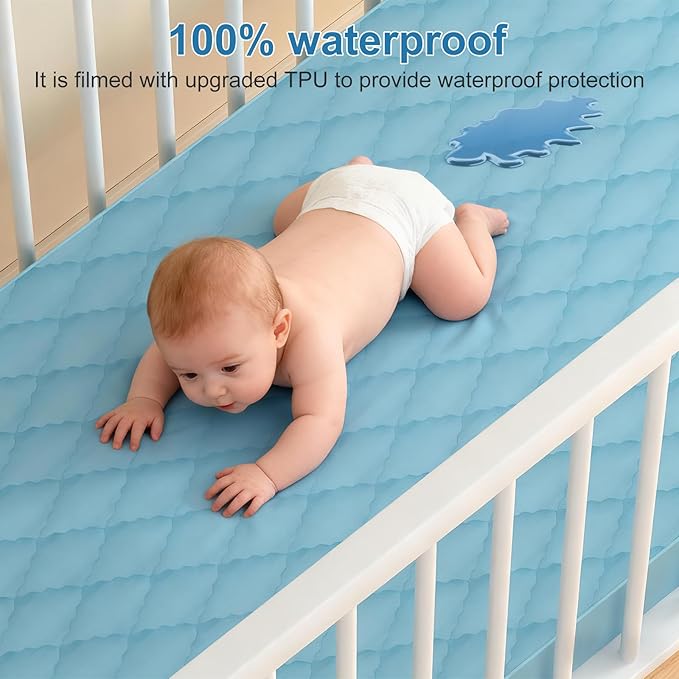 2Pack Waterproof Crib Sheets- Cotton 24X38 Fitted Crib Sheets Crib Mattress Protector Sheets,Soft Bed Sheets,Washable Little Bed Sheets,Neutral for Boy,Girl,Toddler (Blue, 24X38inch)