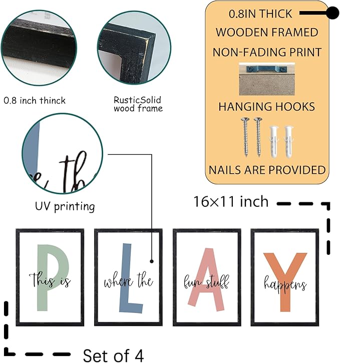 LuZhiQiang Playroom Wall Art Decor This Is Where The Fun Stuff Happens Sign Colorful Letters Decor 4 Piece 16"×11" for Toddler Modren Nursery Children Prints Small Wood Framed Wall Hanging (Black)