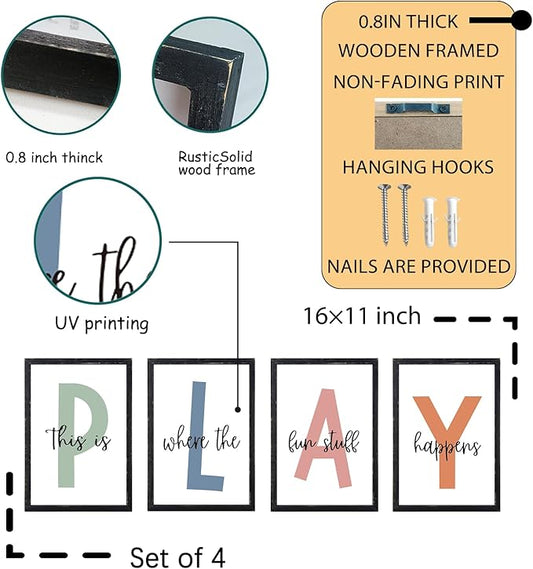 LuZhiQiang Playroom Wall Art Decor This Is Where The Fun Stuff Happens Sign Colorful Letters Decor 4 Piece 16"×11" for Toddler Modren Nursery Children Prints Small Wood Framed Wall Hanging (Black)