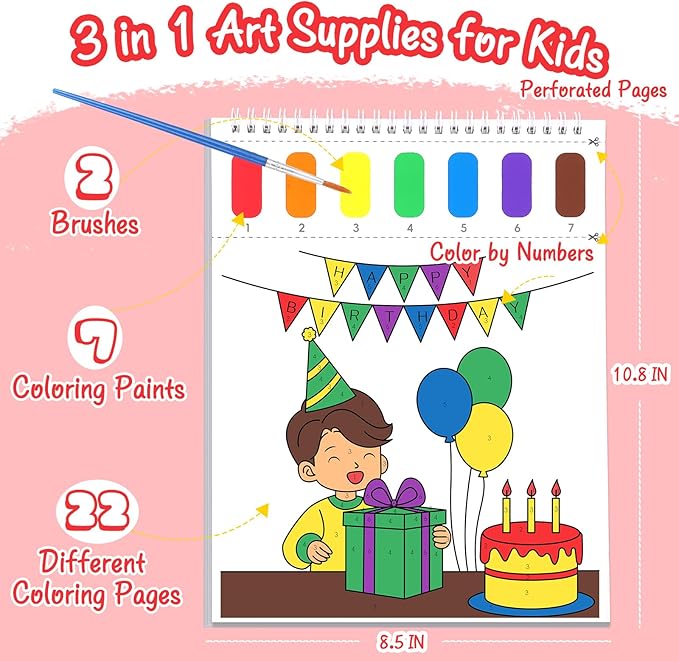 Paint with Water Coloring Books for Toddlers, Watercolor Painting Book and Drawing Art Paper for Kids Ages 3 4 5 6 7 8 Years Old, Happy Birthday Art Craft for Drawing with Brush