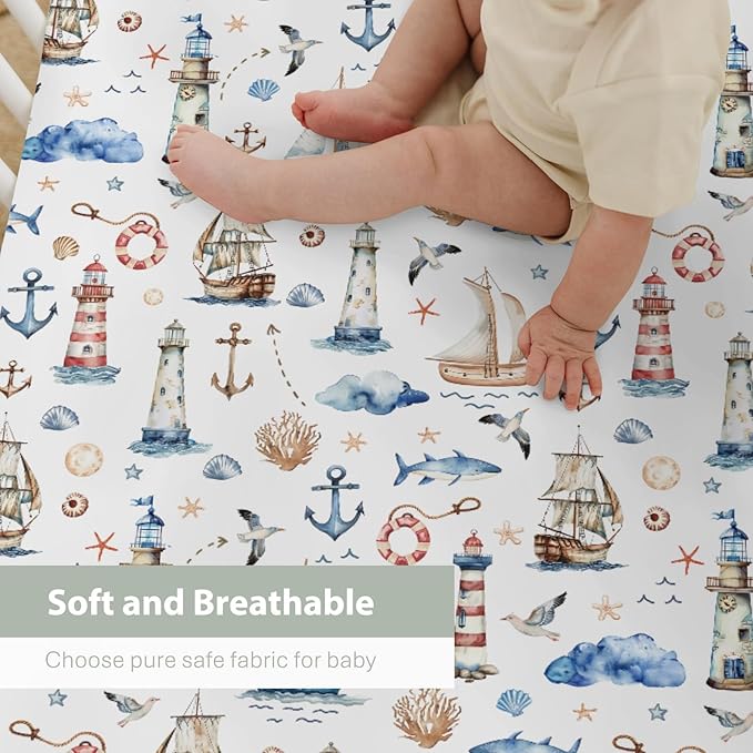 Sailing Adventure Baby Crib Sheets for Boy Girl 28"x52" Sea Lighthouse Ship Anchors Whale Shells Soft Snug Fitted Crib Mattress Cover Beach Summer Baby Sheet for Standard Crib & Toddler Bed Mattress