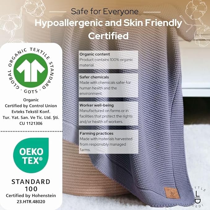 100% Organic Cotton GOTS Certified Baby Knitted Blanket with Gift Box - Soft Toddler, Crib, Stroller Blanket - Neutral Swaddle and Receiving Blanket for Newborns, 30"x40", Grey Blue