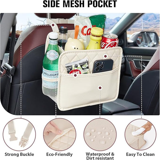 LXUNYI Car Seat Organizer,2 Pack Waterproof Pu Leather Backseat Car Organizer and Storage Bag Foldable Universal Hanging Car Seat Back Organizers for Kids & Adults (Beige 2Pack)