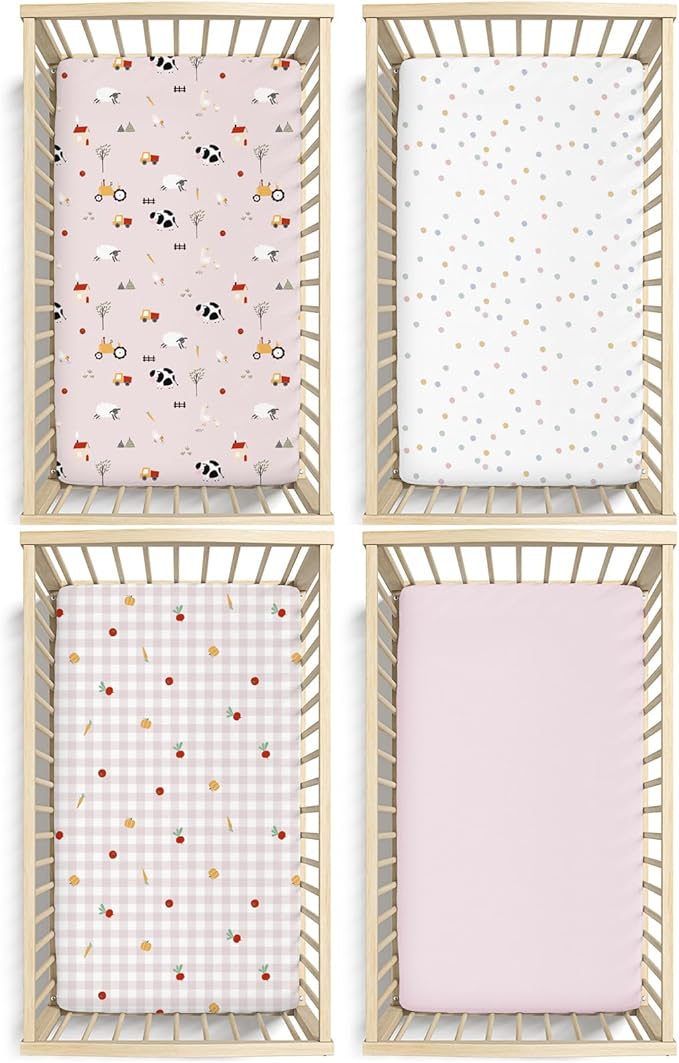 Little Grape Land Toddler Sheets 4 Pack – Baby Crib Sheets Fitted for Boys Girls, Standard Size 28x52‘’ Crib Mattress, Super Soft Breathable Washable Microfiber,Pink Sheep