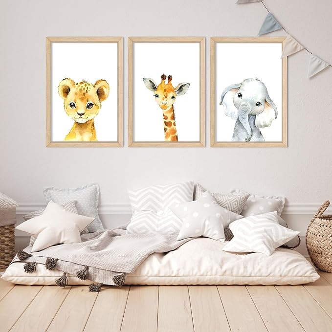 YWJKWLGS Baby Safari Nursery Wall Decor 16"x24" Set of 3 Cute Animal Giraffe Elephant Lion Prints Sign Wood Framed for Children's Room Wall Art (Wood)