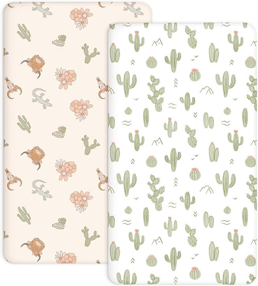 Pack and Play Sheets 2 Pack, Fitted Jersey Knit Mini Crib Sheets for Baby Boys and Girls, Compatible with Graco Pack N Play and Mini Crib Mattress (Cactus Cozy, Pack N Play/Mini Crib Sheets)