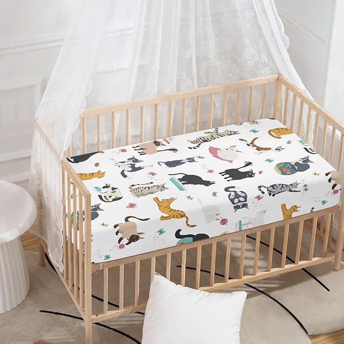 Different Cats Poses Baby Crib Sheets Fitted Crib Sheets Kid Crib Fitted Sheets Crib Cover Single Pack 28"x52" for Boys Girls