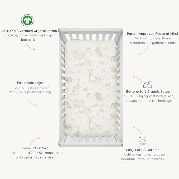 Makemake Organics GOTS Certified Organic Cotton Fitted Crib Sheet Soft Breathable (28"x52", Safari)