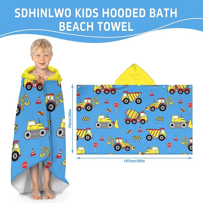Thickened Hooded Towels for Kids Suitable Girls Boys Kids Bath Towels, 30"x50" Super Absorbent, Truck Cute Cartoon Toddler Towels Multi-Purpose for Beach, Pool and Bathroom