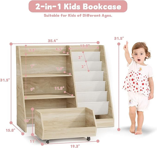 COZPAW Kids Bookshelf and Toy Storage, 4 Tier Toddler Bookshelf with Movable Drawer 5 Sling Pockets, Montessori Book Shelf for Kids Room, Playroom, Nursery (Oak)