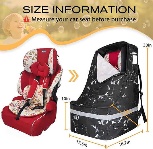 LARIPOP Car Seat Travel Bag for Airplane,Infant Seat Travel Bag with Shoulder Strap,Padded Car Seats Backpack with Reflective Stripes,Large Carseat Carrier Bag Travel Car Seat Cover, Black marble