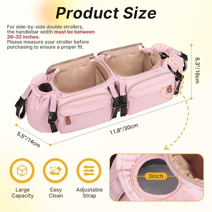 Boomistry Double Stroller Organizer for Bob Duallie and Baby Jogger City Mini GT2, Double Stroller Caddy Organizers with Cup Holder and 2 Cooler Pockets Parent Console Double Stroller Accessories