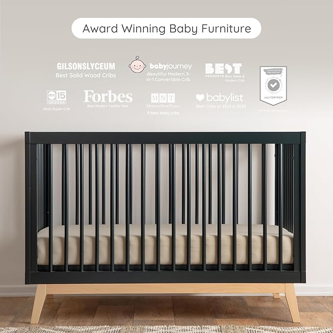 dadada Baby Soho 3-in-1 Convertible Wooden Crib to Toddler Bed - Made in Italy, GREENGUARD Gold Certified, Baby-Safe Finish, Handcrafted Beechwood, Modern Design, 3 Adjustable Heights (Black/Natural)