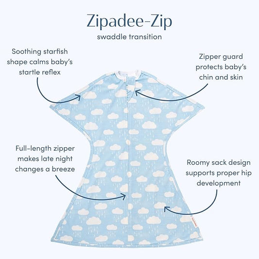 SleepingBaby Zipadee-Zip Transition Swaddle - Cozy Baby Swaddle Blanket with Zipper Convenience - Roomy Wearable Blanket for Easy Diaper Changes - Spring Showers, Large (12-24 Month)