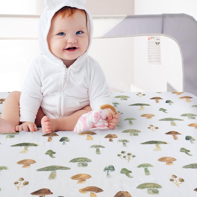 LifeTree Crib Sheets for Baby Unisex - Muslin Fitted Crib Sheets Toddler Bed Sheet, 70% Viscose from Bamboo and 30% Cotton, Fits Mini Crib & Pack and Play Playard, Mushroom, 26in x 38in