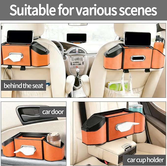 Oivjckx 7-In-1 Multifunctional Car Seat Back Organizer with Cup Holders, Tissue Box, Garbage Can & Hooks, Headrest Storage & Cup Holder for Backseat (Orange)