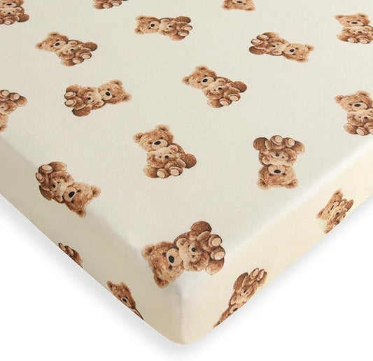 LifeTree Crib Sheets for Baby Unisex - Muslin Fitted Crib Sheets Toddler Bed Sheet, 70% Viscose from Bamboo and 30% Cotton, Fits Mini Crib & Pack and Play Playard, Bear, 26in x 38in