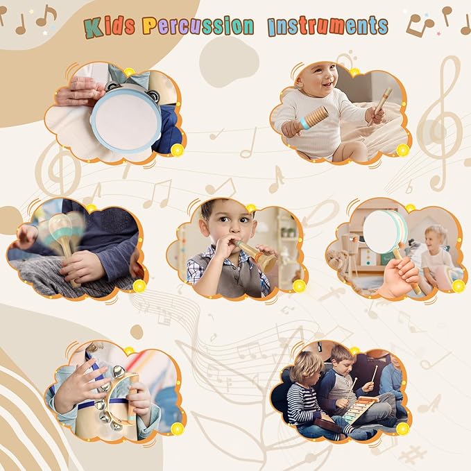 Musical Instruments-Toddler Musical Toys Wooden Montessori Musical Instruments for 1-3 Year Olds | Xylophone & Tambourine Percussion Set with Storage Bag for Kids Preschool Educational 3+