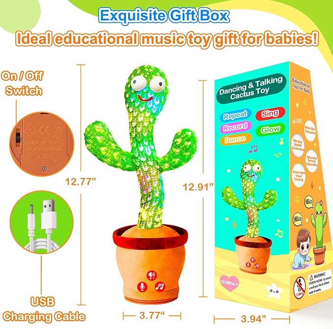 Rechargeable Baby Toys Dancing Talking Cactus Toy for Baby, Volume Adjustable, Singing, Mimicking, Repeating, Baby Infant Toys for Girls Boys, Birthday/Chirstmas Gifts for 1 Year Old