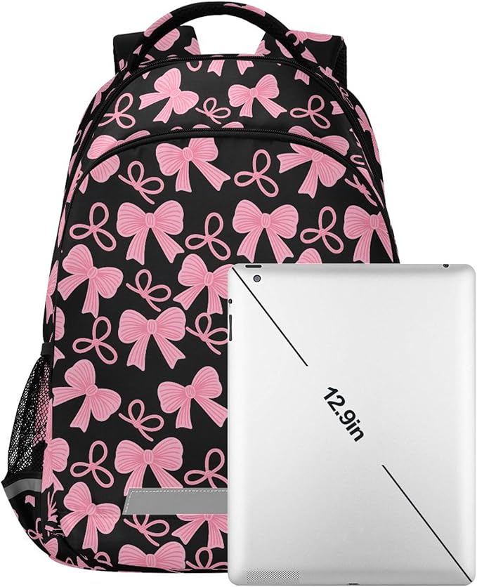 MNSRUU Laptop Backpack with Chest Strap, Pink Bow School Backpack, Travel Hiking Bag for Boys Girls Teen College Adult, Rucksack Knapsack