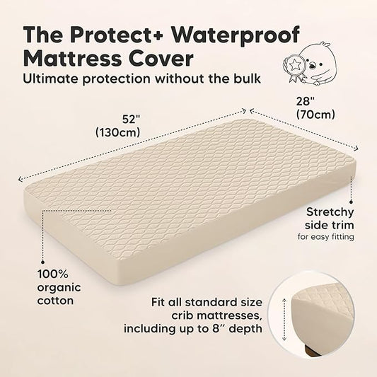 2-Pack Waterproof Crib Mattress Protector Cover Fitted - Quiet Baby Crib Mattress Pad Sheets, 52" x 28" Soft Quilted Cotton Baby Sheet, Machine Washable, Easy Fit, Durable (Oat/Mavy)