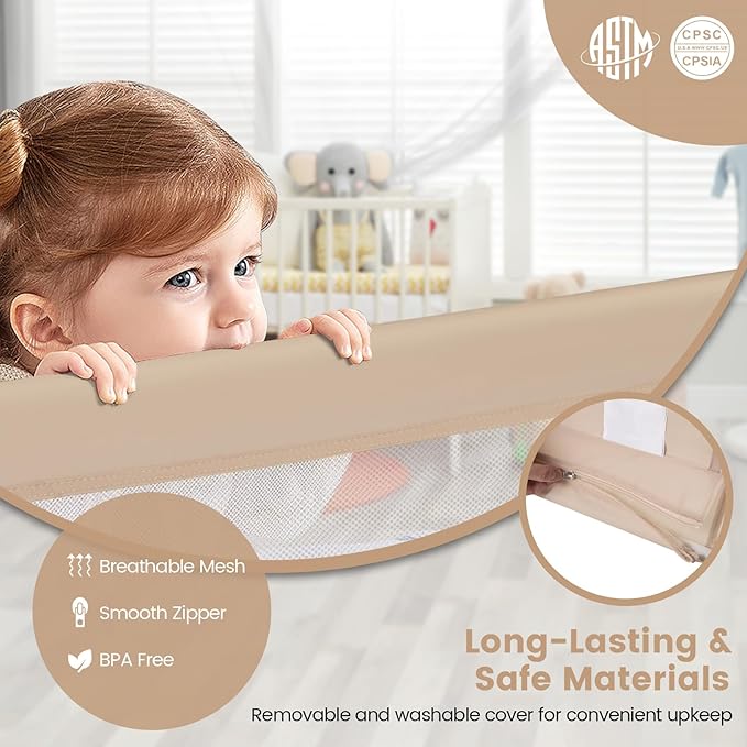 HONEY JOY Bed Rail for Toddlers, 71-in Extra Long, Portable Safety Bed Guardrail w/Double Safety Child Lock, Foldable Baby Bed Rail Guard, Fit King & Queen Full Twin Size Bed Mattress(Beige, Pack 2)