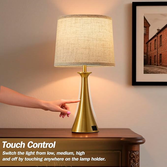 Hikczc Touch Lamp for Living Room Bedroom, 21" Table Lamps Set of 2 with USB C+A Ports, Touch Bedside Lamps for Nightstand with 3 Way Dimmable, 2 LED Bulbs Included, Gold