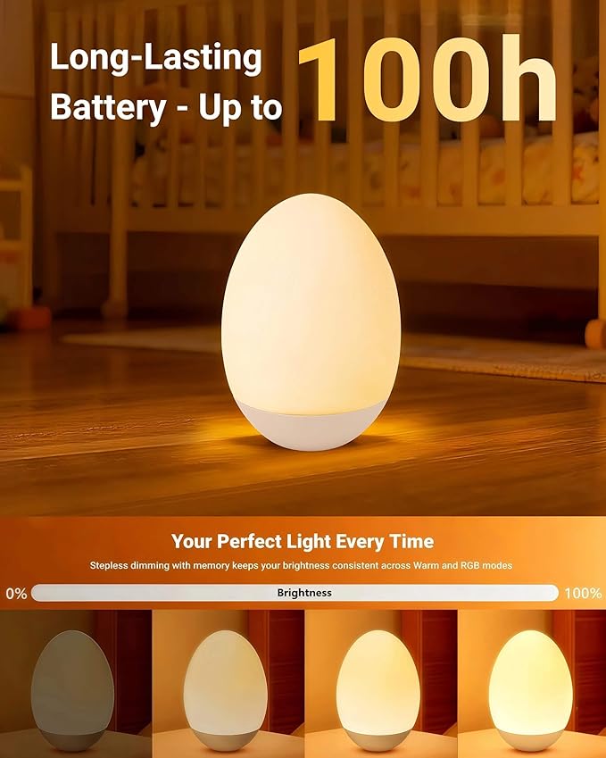 NAWIQI Egg Baby Night Light for Nursery & Breastfeeding – Portable Touch Light with 7 RGB Colors, Stepless Dimming, Rechargeable, BPA-Free Soft Silicone, Compact Lamp for Kids & Newborns