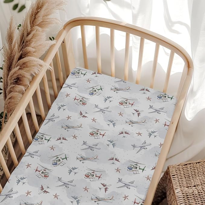 Vintage Planes Airplanes Helicopters Baby Crib Sheets Boy Girl 28"x52" Plane Stars Clouds Sky Soft Stretchy Fitted Crib Mattress Cover Baby Sheet for Standard Crib & Toddler Mattress Pad