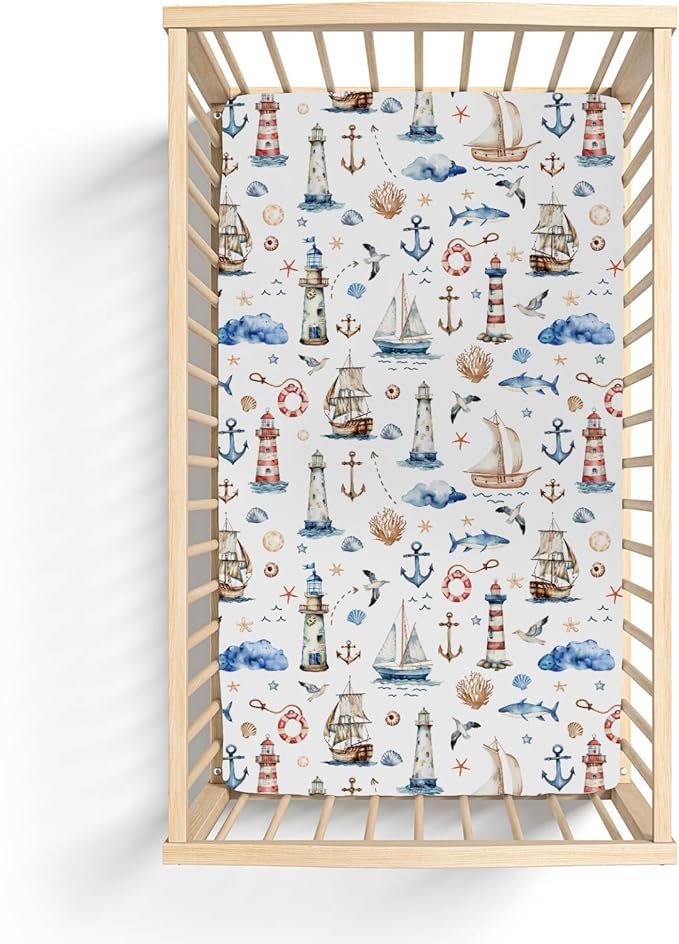 Sailing Adventure Baby Crib Sheets for Boy Girl 28"x52" Sea Lighthouse Ship Anchors Whale Shells Soft Snug Fitted Crib Mattress Cover Beach Summer Baby Sheet for Standard Crib & Toddler Bed Mattress