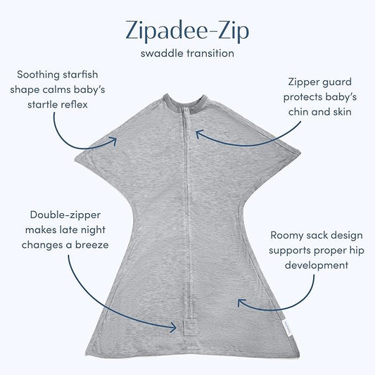 SleepingBaby Zipadee-Zip Transition Swaddle - Cozy Baby Swaddling Blanket with Zipper Convenience - Roomy Wearable Blanket for Easy Diaper Changes - 4-8 Month - Hall of Fame Grey Heather