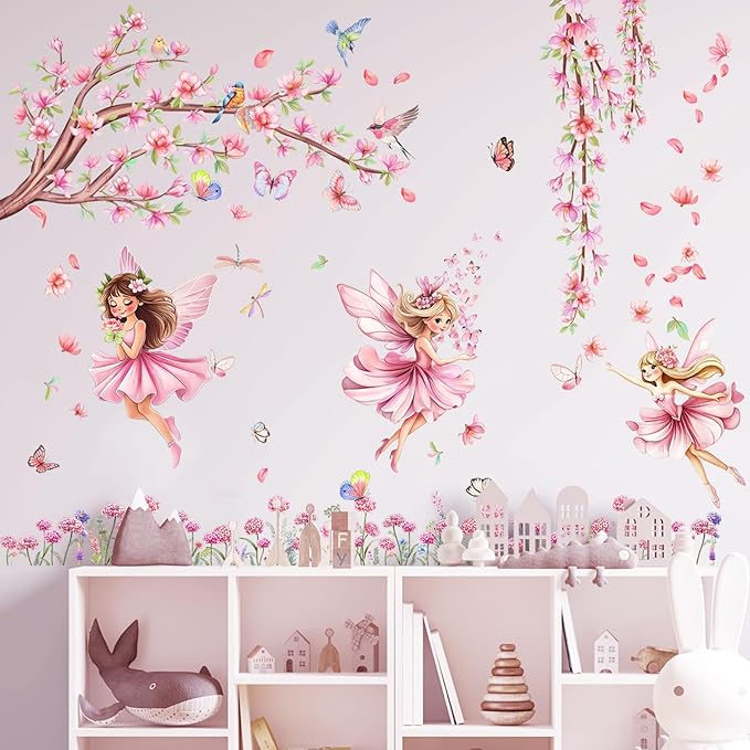 CharmFlo Pink Fairy Garden Wall Decals with Cherry Blossom Tree Floral Wall Stickers Peel and Stick Butterflies Birds DIY Wall Art for Girls Bedroom Baby Nursery Kids Room