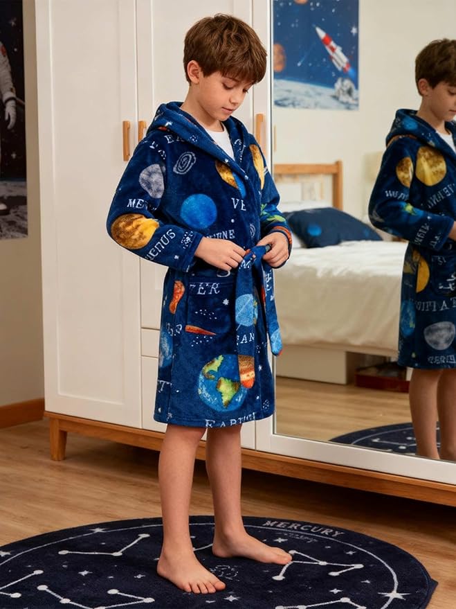 SANGTREE Boys Girls Robe Fleece Hooded Soft Toddler Bathrobe Cute Boys Bathrobe Fuzzy Plush Robes for Kids, 2-12 Years