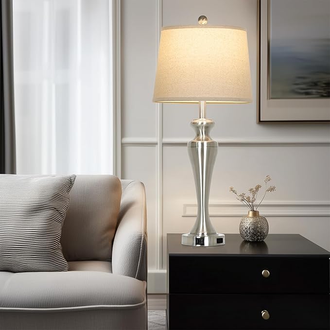 LUXEFLOW 30" Silver Table Lamps Set of 2, 3-Way Dimmable Touch Living Room Lamp with USB A+C Ports and AC Outlet, Modern Brushed Nickel Bedroom Lamps, Tall Metal Bedside Lamp for Nightstand Side Table