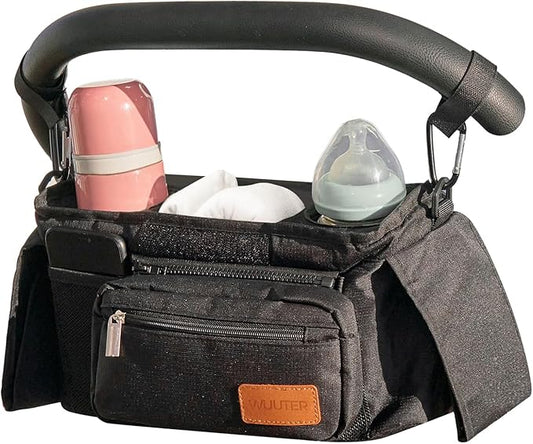 WUUTER Stroller Organizer with Cup Holder Detachable Wristlet Large Capacity Baby Stroller Bag for Mom, Fits Uppababy, Baby Jogger, Britax, BOB, More (Black)