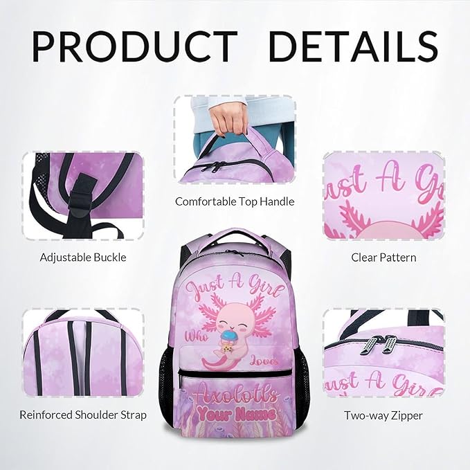 COZYAURA Custom Kids School Backpack - 17 Inch Cute Axolotl Bookbag for Girls - Durable Pink School Bag for Elementary & Travel