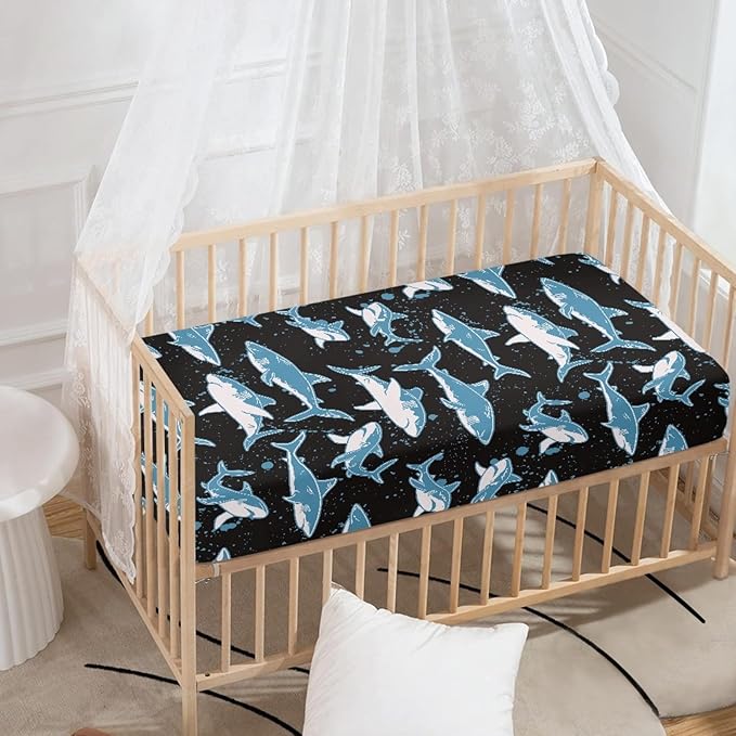 Blue Sharks Fitted Crib Sheet Marine Sharks Baby Crib Sheet Fit Standard Crib and Toddler Mattress,Crib Mattress Sheets for Boys Girls 28"x52"