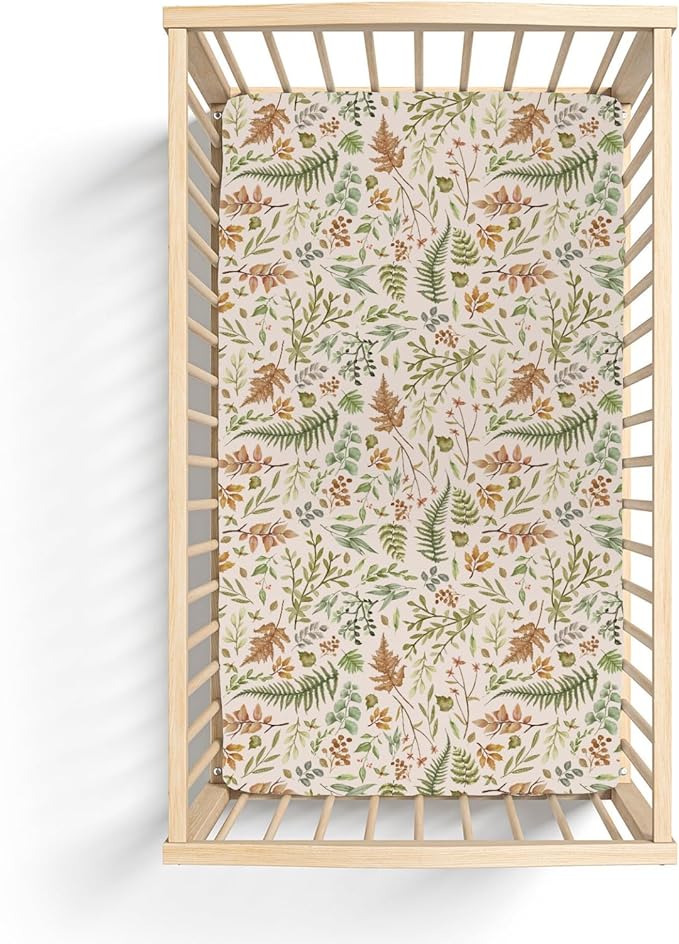 Cream Autumn Ferns and Leaves Baby Crib Sheets for Boy Girl 52"x28" Fall Autumn Leaves Soft Snug Fitted Crib Mattress Cover Thanksgiving Harvest Baby Sheet Fits Standard Crib and Toddler Bed Mattress
